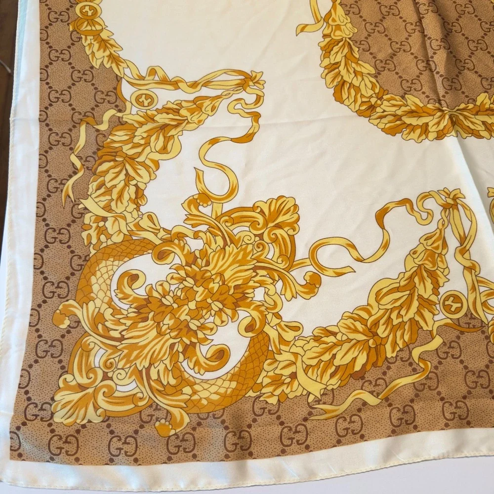 Scarf Cream Gold Baroque Silk Head Scarf Vintage OS Luxury Wrap 70x35 Chic
